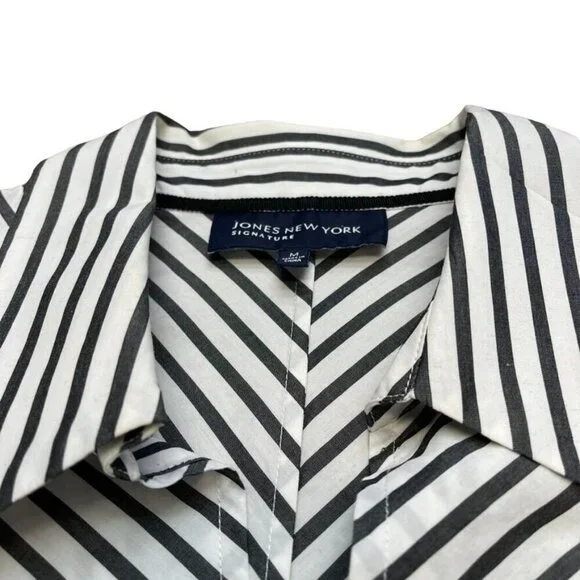 Jones New York Signature Women’s Black & White Striped Zip-Up Shirt Long Sleeve - Picture 6 of 13